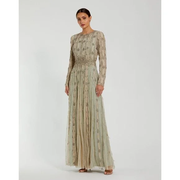 Mac Duggal NEW Embellished Mesh Long Sleeve A Line Gown Nude Sage $1,798 Size 10 - Picture 5 of 16